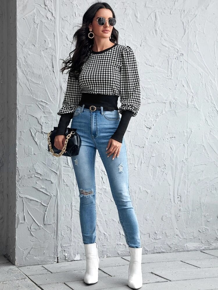 Lantern Sleeve Houndstooth Crop Sweatshirt