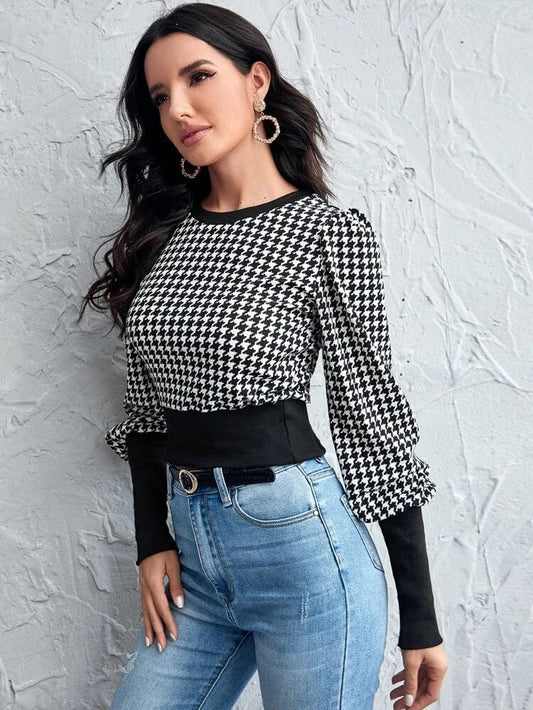 Lantern Sleeve Houndstooth Crop Sweatshirt