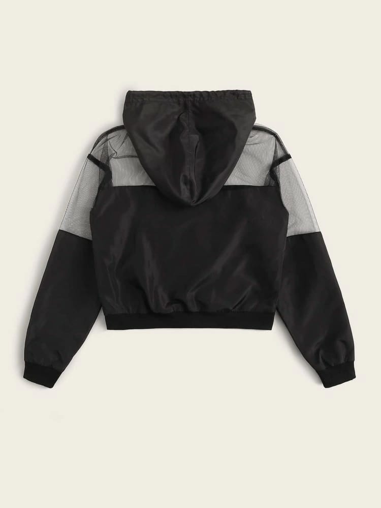 Letter Graphic Mesh Yoke Crop Windbreaker Jacket