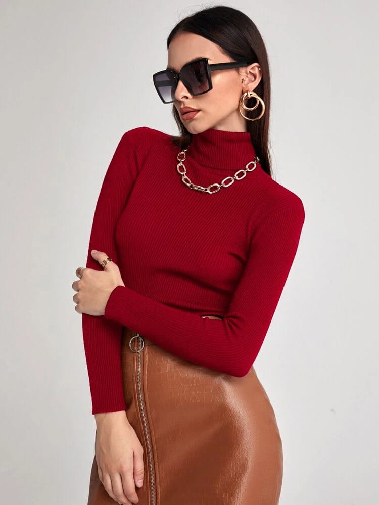 Turtleneck Ribbed Knit Sweater