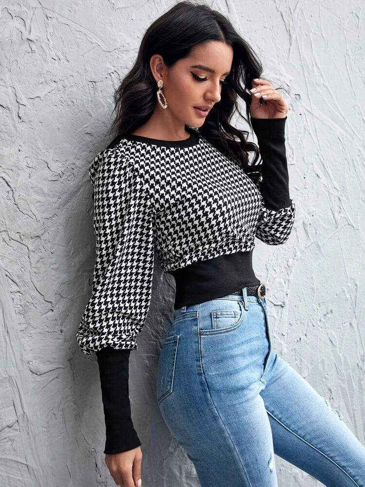 Lantern Sleeve Houndstooth Crop Sweatshirt